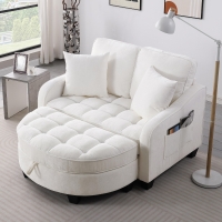 2-Seater Sofa Chaise Lounge with Irregular Curved Armrests, Ergonomic Backrest, Footrest with 2 Throw Pillows, 42.5" L x 32.5" W x 36.5" H, Beige