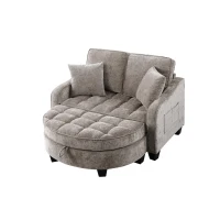 2-Seater Sofa Chaise Lounge with Irregular Curved Armrests, Ergonomic Backrest, Footrest with 2 Throw Pillows, 42.5" L x 32.5" W x 36.5" H, Brown(m-2)