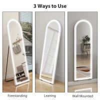 HOMCOM Free Standing Mirror with Dimmable and 3 Colour LED Lights 64" x 21" Arched Floor Mirror for Bedroom Living Room Silver(m-6)