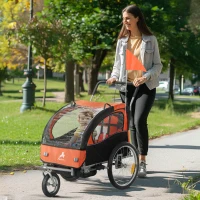 Aosom 2-in-1 Bike Trailer for Kids, Foldable 2-Seat Baby Stroller with 5-Point Harness, Rubber Wheels, Storage Bag, Orange(m-8)