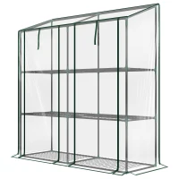 Outsunny Lean-to Greenhouse, Portable Greenhouse with 3 Tier Shelves, 2 Roll-Up Zippered Doors, 56.3" x 18.1" x 59.4", Clear(m-1)