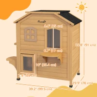 PawHut 2-Storey Outdoor Cat House, Wooden Catio with Openable Roof, Lounge Space, Fun Entrances, for Feral Cats, Yellow(m-3)