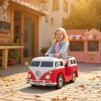 Qaba 12V Kids Ride on Car, Lisensed Volkswagen T1 Electric Vehicle with Dual Motor and Soft Start for 3-7 Years, Red(m-1)