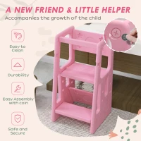 Qaba Toddler Kitchen Helper 2 Step Stool with Adjustable Height Platform and Safety Rail, Pink(m-7)