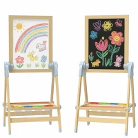 Qaba Wooden Art Easel, Double Sided Kids Easel with Height Adjustable Chalkboard and Magnetic Whiteboard, Natural(m-11)