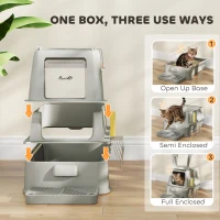 PawHut 80L XL Stainless Steel Cat Litter Box for Big Cats with Flip Cover, Pull-Out Drawer Tray, High Sided, Pedal, Light Grey(m-7)