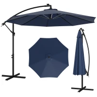 Outsunny 10ft Outdoor Cantilever Hanging Offset Umbrella with Solar LED Lights, Crank, Cross Base, Aluminum Frame, Blue(m-11)