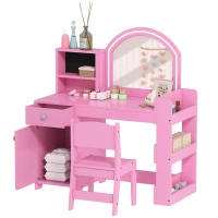 Qaba Kids Vanity Set, Toddler Dressing Table and Chair Set  with Lighted Mirror, Cabinet, Drawer and Shelves, Pink(m-11)