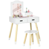 Qaba Kids Vanity Set with Mirror and Stool, Makeup Dressing Table with Drawers for Children Aged 3-6 Years, White(m-11)