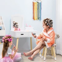 Qaba Kids Vanity Set with Mirror and Stool, Makeup Dressing Table with Drawers for Children Aged 3-6 Years, White(m-8)