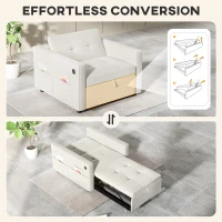 HOMCOM Convertible Chair Bed, Pull Out Sleeper Chair with USB, Adjustable Backrest, Small Velvet Futon Sofa Bed, Cream White(m-4)