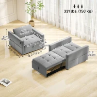 HOMCOM Convertible Chair Bed, Pull Out Sleeper Chair with USB, Adjustable Backrest, Small Velvet Futon Sofa Bed, Grey(m-3)