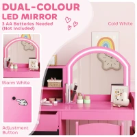 Qaba Kids Vanity Set, Toddler Dressing Table and Chair Set  with Lighted Mirror, Cabinet, Drawer and Shelves, Pink(m-5)