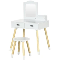 Qaba Kids Vanity Set with Mirror and Stool, Makeup Dressing Table with Drawers for Children Aged 3-6 Years, White(m-2)