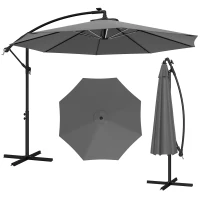 Outsunny 10ft Outdoor Cantilever Hanging Offset Umbrella with Solar LED Lights, Crank, Cross Base, Aluminum Frame, Grey(m-11)