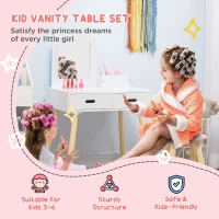 Qaba Kids Vanity Set with Mirror and Stool, Makeup Dressing Table with Drawers for Children Aged 3-6 Years, White(m-4)