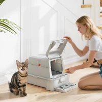 PawHut 80L XL Stainless Steel Cat Litter Box for Big Cats with Flip Cover, Pull-Out Drawer Tray, High Sided, Pedal, Light Grey(m-1)