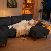 HOMCOM U Shape Couch with Double Chaise Lounge, Modern 4 Seater Sofa with Wooden Legs, Fabric Sofa for Living Room, Dark Grey(m-10)