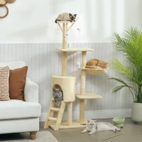 PawHut 53" Cat Tree Tower, Kitten Activity Centre with Scratching Posts, Condo, Perches, Ladder, Hammock, Dangling Toys, Beige(m-1)