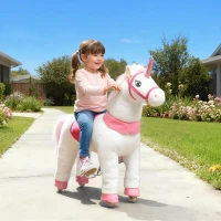 Qaba Ride on Unicorn Toy for Kids 4-7 Years, 37.8 Inch Plush Baby Rocking Horse with Wheels, No Battery Required, White(m-10)