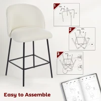 HOMCOM Set of 2 Counter Height Barstools, Upholstered Linen Bar Stools with Backrest, Footrest and Steel Legs, Cream White(m-7)