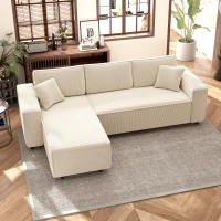 HOMCOM Corner Sofa with Changeable Chaise, Corduroy L-Shaped Sectional Sofa with Pocket Spring, 2 Pillows, Cream White(m-9)
