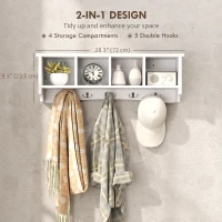 HOMCOM Coat Rack Wall Mount with Shelf, 28" Wall Coat Rack with 5 Hooks and 4 Compartments for Living Room, Entryway, White(m-4)