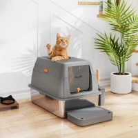 PawHut XL Stainless Steel Cat Litter Box, 80L Kitty Litter Box with Front/Top Entry, Trapping Step, Scoop, for Large Big Cats(m-8)