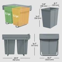HOMCOM Pull Out Trash Can Under Cabinet, 10.6 Gallon (40L) Slide Out Garbage Can with 2 Removable Compartments, Grey(m-3)