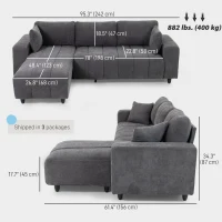HOMCOM Sectional Couch with Integrated Seat, 3 Seater L-Shaped Sofa with Changeable Chaise, Spring Cushion, 2 Pillows, Grey(m-3)