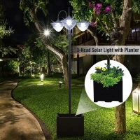 Outsunny 3-head LED Solar Light Lamp Street Light Post with Planter, Solar-powered Lamp Post, Black(m-7)