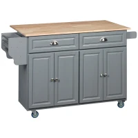 HOMCOM Kitchen Island with Storage, Rolling Kitchen Island with Drop Leaf, Rubber Wood Top and Adjustable Shelves, Grey(m-2)