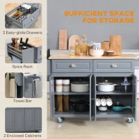 HOMCOM Kitchen Island with Storage, Rolling Kitchen Island with Drop Leaf, Rubber Wood Top and Adjustable Shelves, Grey(m-4)