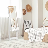 HOMCOM Lockable Jewelry Armoire with LED Light, Standing Mirror with Storage for Bedroom Dressing Room, White(m-7)