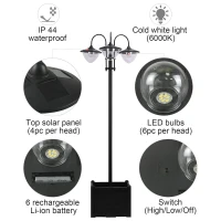 Outsunny 3-head LED Solar Light Lamp Street Light Post with Planter, Solar-powered Lamp Post, Black(m-6)