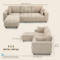 HOMCOM Sectional Couch with Integrated Seat, 3 Seater L-Shaped Sofa with Changeable Chaise, Spring Cushion, 2 Pillows, Beige(m-3)