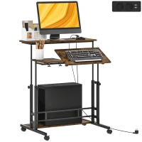 HOMCOM Adjustable Standing Desk with Power Outlets, Stand Up Desk with Tiltable Tabletop, Wheels, Shelf, for Home Office, Brown(m-11)