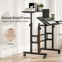 HOMCOM Mobile Stand Up Desk, Height & Angle Adjustable Computer Desk with Wheels for Standing or Sitting, Laptop Desk, Black(m-10)