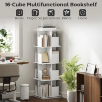HOMCOM 360° Rotating Bookcase, 4 Tier Bookshelf with 16 Cubbies for Small Space, Living Room, Bedroom, Study, White Wood Grain(m-5)