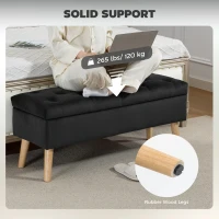 HOMCOM Storage Ottoman with Lid, Velvet Upholstered Storage Bench with Wood Legs for Living Room, Black(m-6)