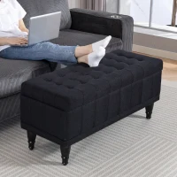 HOMCOM Storage Ottoman, Linen Fabric End of Bed Bench with Button Tufted Storage Bench for Bedroom, Black(m-10)