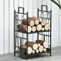 Outsunny 20.25" x 13" x 30.25" 2-Layer Heavy Duty Firewood Rack Wood Log Fireplace Stacker  w/ 4 Tools, Black and Gold(m-1)