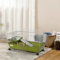 PawHut Small Animal Cage, Rolling Bunny Cage, Guinea Pig Cage with Food Dish, Water Bottle, Hay Feeder, Platform, Ramp, Green(m-8)