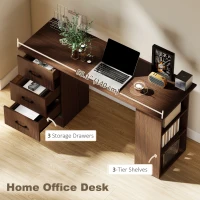 HOMCOM Computer Desk, 55" Writing Table with 3-Tier Shelves and 3 Reversible Drawers for Home Office, Bedroom, Walnut(m-4)