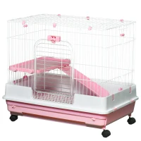 PawHut 32"L 2-Level Small Animal Cage with Universal Lockable Wheels, Pink(m-2)