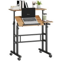 HOMCOM Mobile Stand Up Desk, Height & Angle Adjustable Computer Desk with Wheels for Standing or Sitting, Laptop Desk, Brown(m-11)