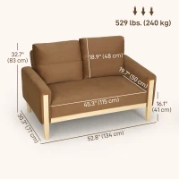 HOMCOM 53" Loveseat Sofa, Small 2 Seater Couch with Solid Wood Legs, Modern Velvet Sofa for Living Room, Small Spaces,Brown(m-3)