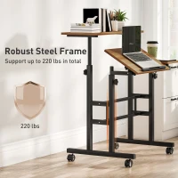 HOMCOM Mobile Stand Up Desk, Height & Angle Adjustable Computer Desk with Wheels for Standing or Sitting, Laptop Desk, Brown(m-10)