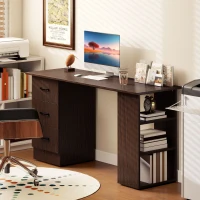 HOMCOM Computer Desk, 55" Writing Table with 3-Tier Shelves and 3 Reversible Drawers for Home Office, Bedroom, Walnut(m-8)