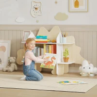 Qaba Dinosaur Themed Kids Bookshelf, 2 Tier Kids Bookcase, for Playroom, Bedroom, Living Room, Kids Room, Natural(m-1)